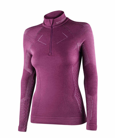 Koszulka damska z długim rękawem Brubeck  EXTREME MERINO ZIP fuksjowy 