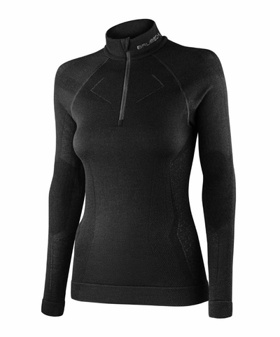 Koszulka damska z długim rękawem Brubeck  EXTREME MERINO ZIP czarny