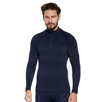 Koszulka męska z długim rękawem Brubeck EXTREME MERINO ZIP granatowy