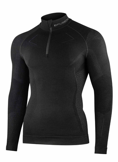 Koszulka męska z długim rękawem Brubeck EXTREME MERINO ZIP czarny