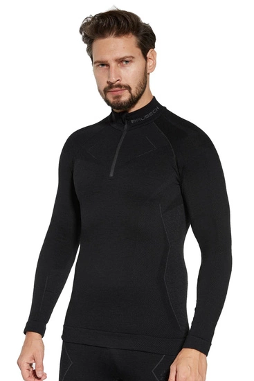 Koszulka męska z długim rękawem Brubeck  EXTREME MERINO WOOL ZIP czarny 